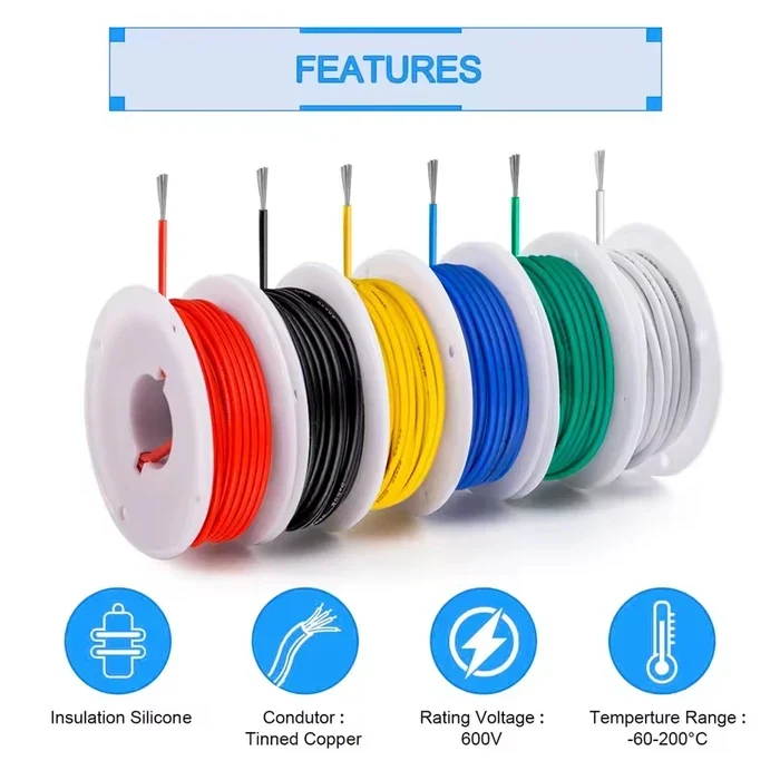 Силіконовий дріт 30 AWG — 120 метрів (6 кольорів по 20 м)