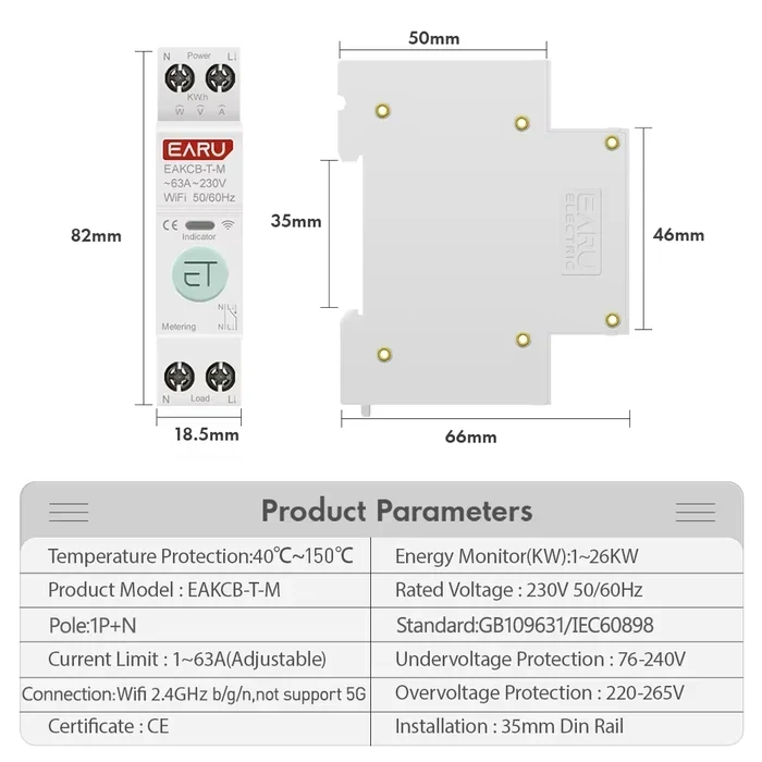 Розумний автомат 1-63A WIFI TUYA Smart Life Voltage Current Protection