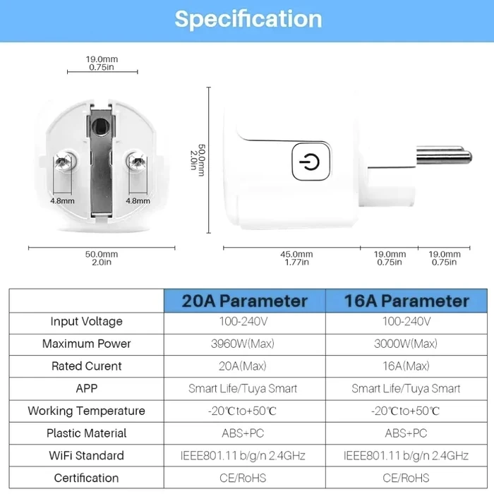 Розумна розетка tuya smart life 20a, smart plug wifi